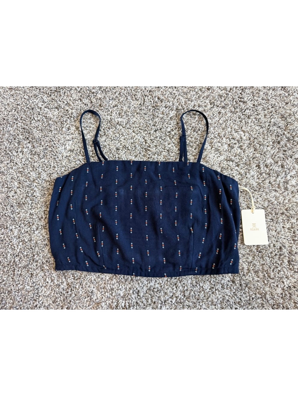 Roark NWT Navy Blue Geo Print Adjustable Straps Crop Pic Cami Tank Top Size S